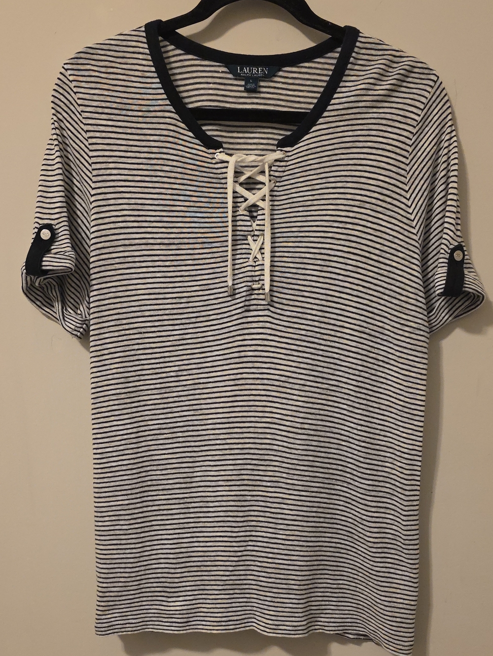 Lauren Ralph Lauren Linen Blend Striped Lace Up Top